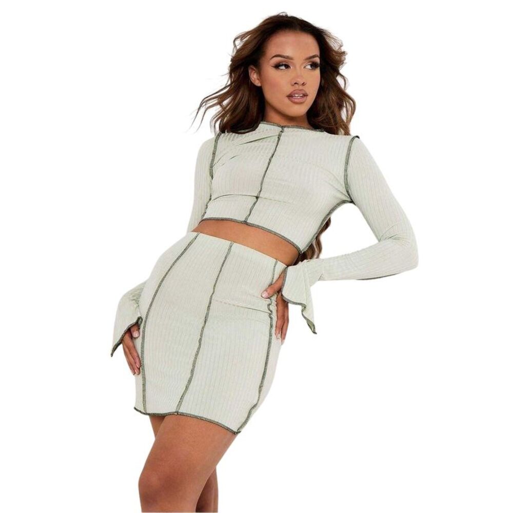 Missy Empire Womens/Ladies Contrast Ribbed Slit Sleeve Crop Top / Sage